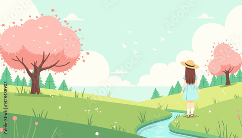 Girl in straw hat by river with pink blossom trees landscape