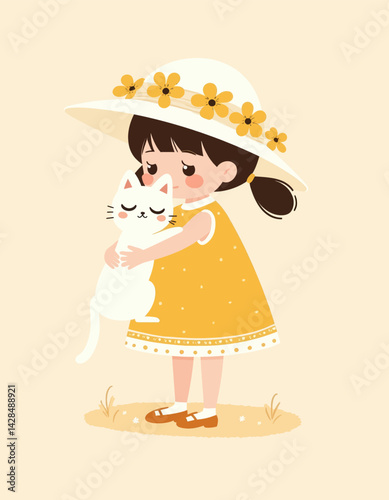 Girl in yellow dress hugs white cat wearing flower hat