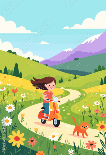 Girl on Scooter with Cat in Flower Field Landscape