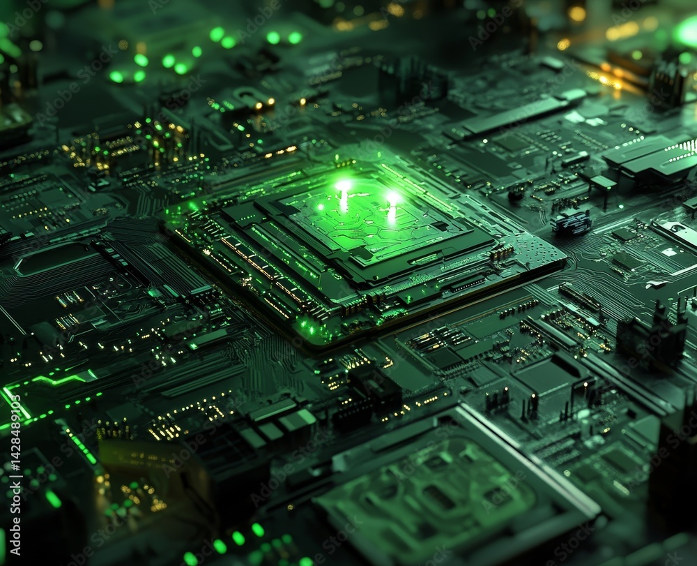 High-Resolution Close-up View of a Cutting-Edge, Futuristic Motherboard with a Glowing, High-Performance CPU at its Center, Illuminating the Complex Network of Circuitry and Components. High-Resolution Close-up View of a Cutting-Edge, Futuristic Motherboard with a Glowing, High-Performance CPU at its Center, Illuminating the Complex Network of Circuitry and Components.