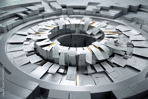 Abstract Circular Composition of Arranged Gray Boxes and Paper Slips