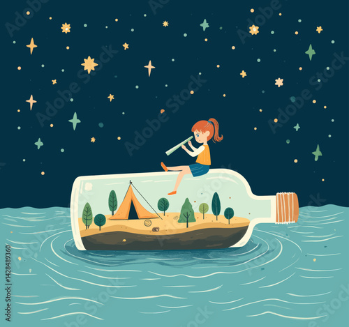 Girl with telescope on bottle ship under starry sky