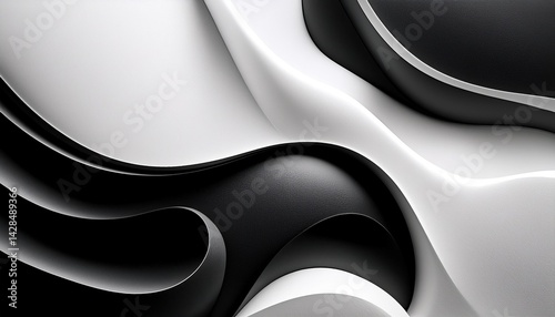 Abstract Black and White Swirling 3D Design, Modern Art, Elegant Curves, Smooth Surfaces, Textured B