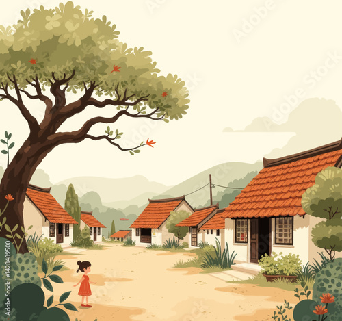 Girl in Red Dress on Village Road with Orange Tile Roofs