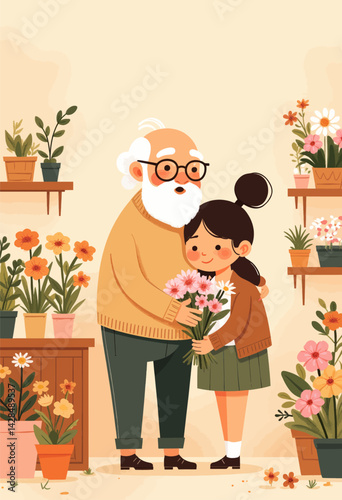 Grandfather Hugging Granddaughter Holding Flowers