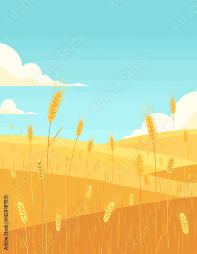 Golden wheat field under a bright blue sky with fluffy clouds