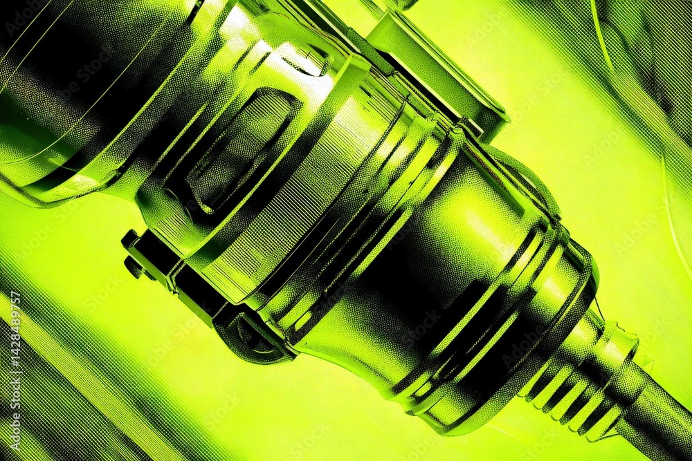 Abstract close-up of a device with metallic finish and vibrant green light