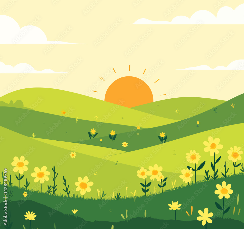Fototapeta premium Green hills with yellow flowers and a rising sun