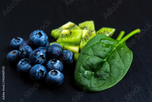 Blueberries, kiwi and green spinach leaf