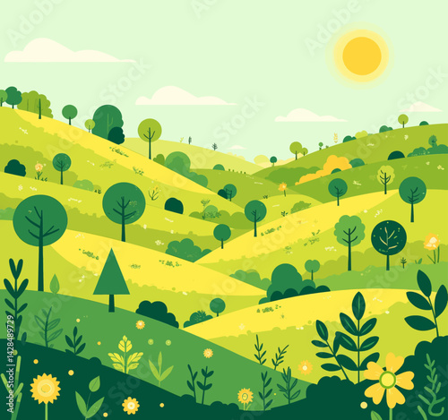 Green and Yellow Rolling Hills Landscape with Flowers
