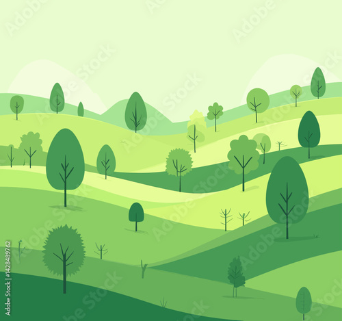 Green hills with stylized trees landscape illustration