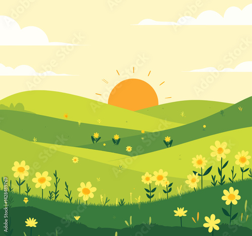 Green hills with yellow flowers and a rising sun