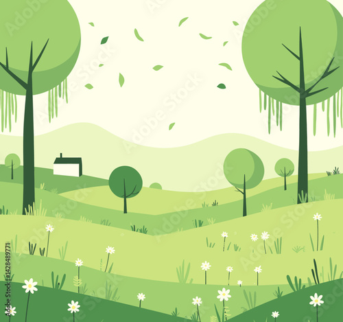 Green Landscape with House and Falling Leaves