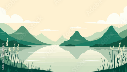 Green Mountain Range Reflecting on Calm Lake Vector