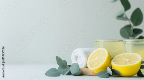 Rejuvenation Through Detox and Nutrient-Rich Wellness Choices, Refreshing lemon slices and drinks surrounded by greenery and towels on a light background.