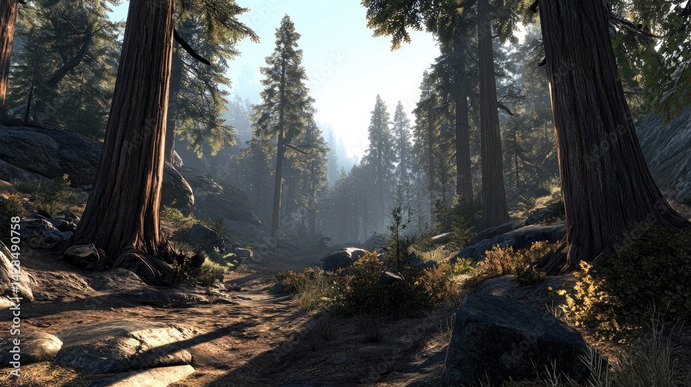 Obraz premium Sunlit forest path amidst towering trees.