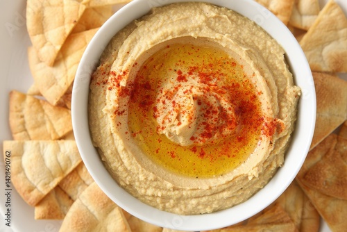 Obraz na płótnie Homemade chickpea hummus bowl with pita chips and paprika w salonie