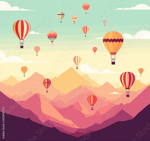 Hot air balloons over layered mountain landscape