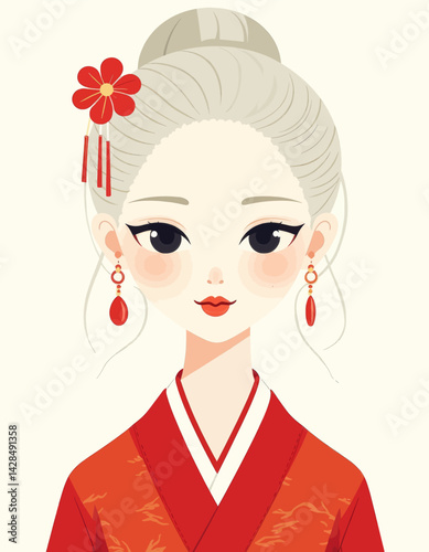 Illustration of woman in traditional red dress with flower hair clip