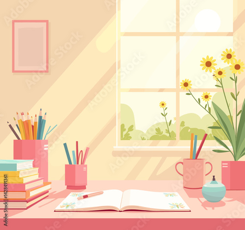 Illustration of a bright desk with open notebook and flowers