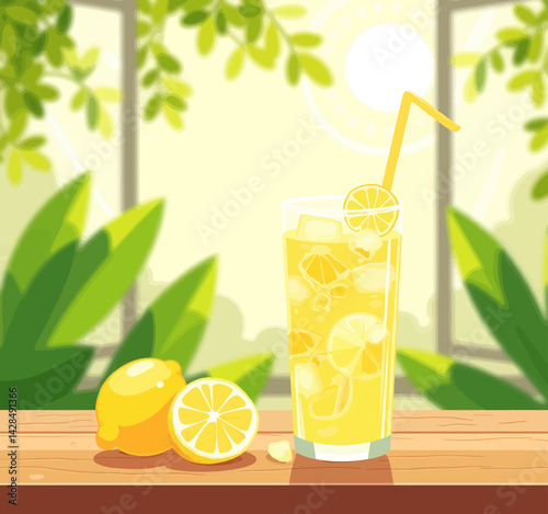 Iced Lemonade with Straw on Sunny Day