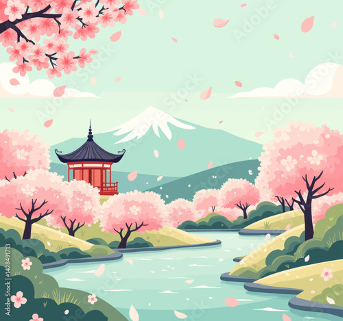 Japanese Pagoda with Cherry Blossoms and Mount Fuji View