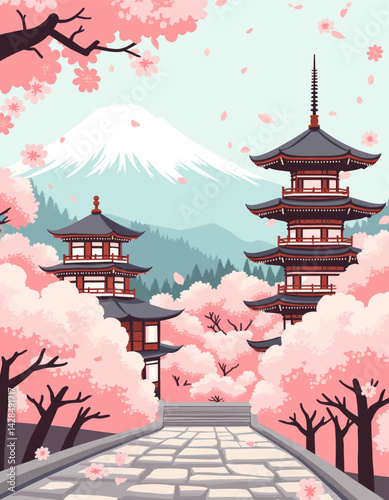 Japanese Pagodas, Cherry Blossoms, and Mount Fuji View