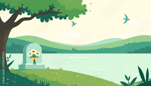 Lakeside grave with sunflowers and birds in flight