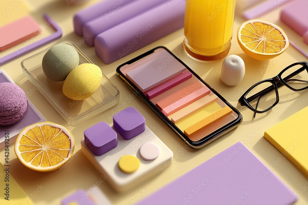 Naklejka premium Vibrant pastel colors create an inviting workspace with snacks and drinks in a cozy setting