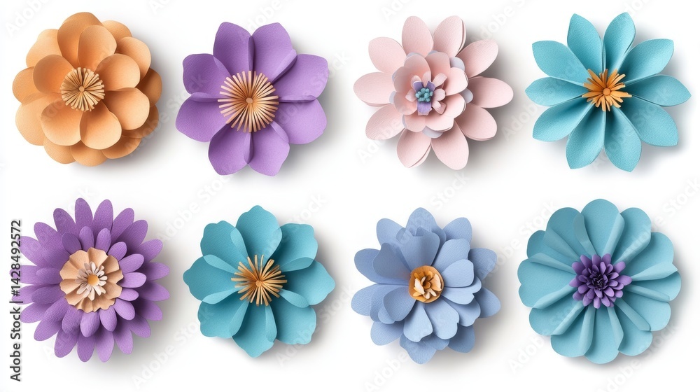 Design elements of paper craft flowers are cut out on a transparent background Design elements of paper craft flowers are cut out on a transparent background
