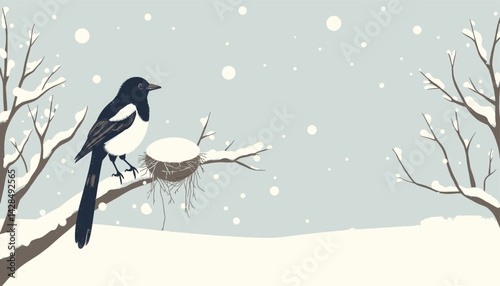 Magpie Bird and Snowy Nest in Winter Scene