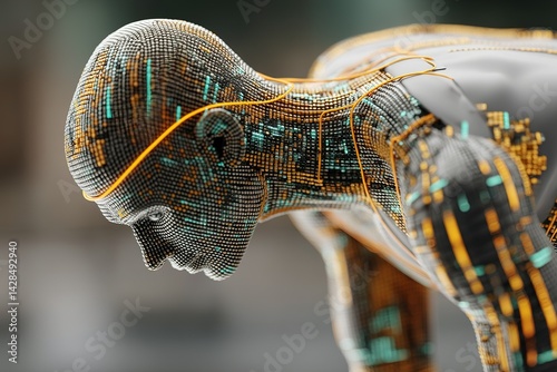 Digital humanoid sculpture displays intricate patterns and glowing circuits in an artistic installation focusing on technology and creativity
