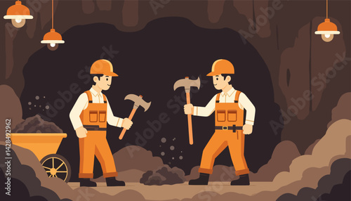 Miners with Axes in Cartoon Mine Setting