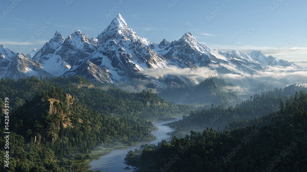 Fototapeta premium River flows through dense forest shrouded in fog against the backdrop of snow-capped mountains