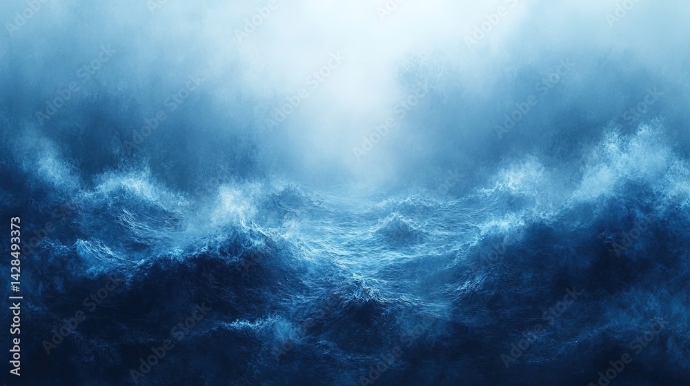 Obraz premium Dramatic ocean waves under a misty sky, deep blue hues and turbu