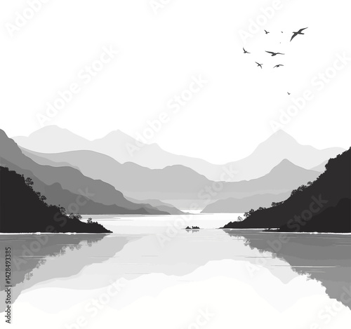 Monochrome mountain landscape with lake and birds in flight