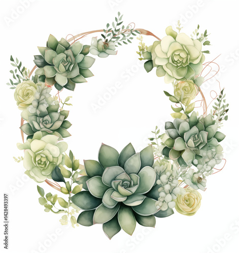 This decorative wreath showcases an array of green succulents intertwined with delicate greenery and soft white flowers, perfect for enhancing home decor or event styling