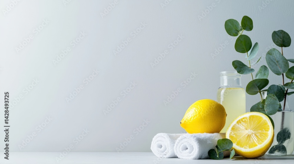 Rejuvenation Through Detox and Nutrient-Rich Wellness Choices, Fresh lemons and eucalyptus leaves arranged with towels and a glass bottle on a light surface.
