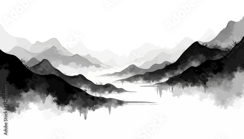 Monochrome Mountain Range Ink Wash Landscape Art