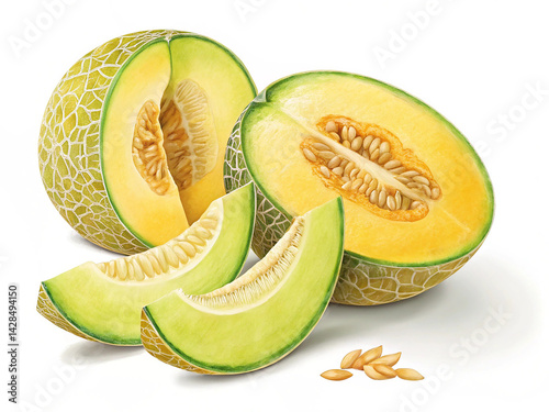 Melon with slices isolated on transparent background