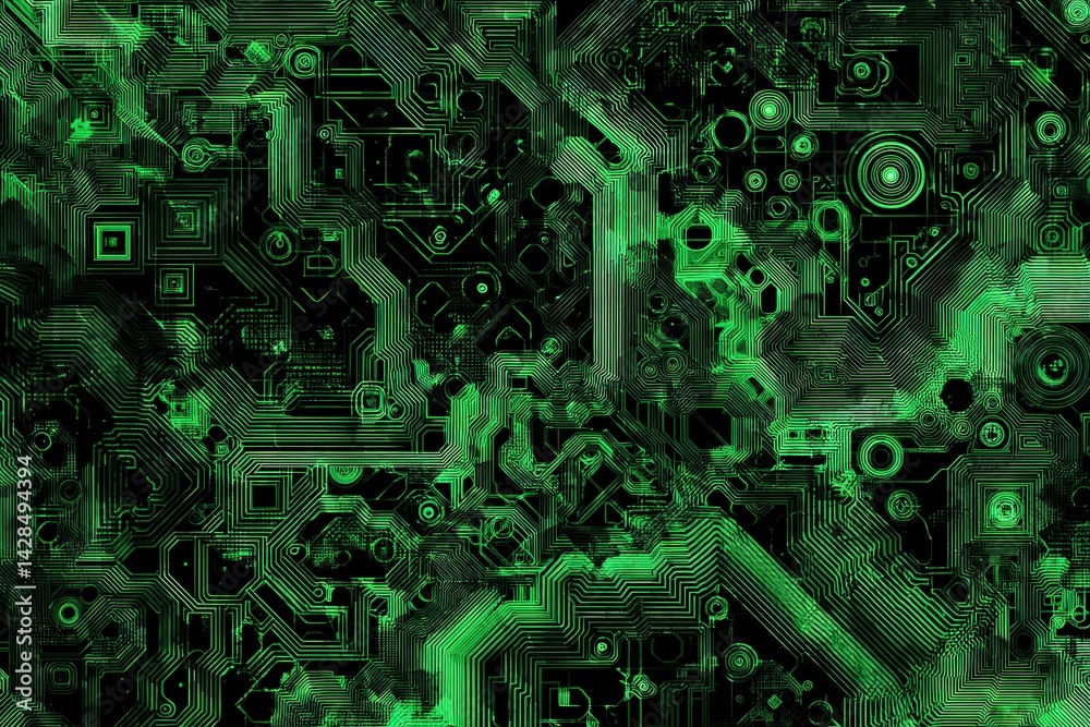 Abstract Green Circuit Board Design with Complex Patterns and Shapes