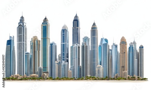 Urban downtown skyscrapers are showcased with a majestic futuristic skyline, isolated against a transparent white setting
