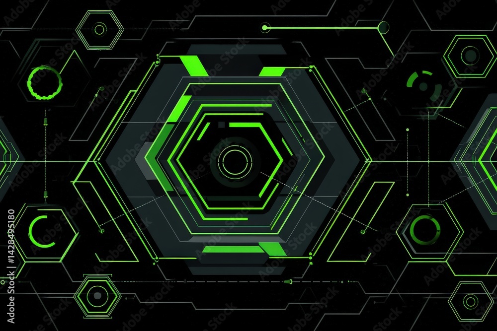 Abstract Hexagonal Geometry with Neon Green Lines on Black Background