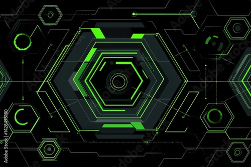 Obraz na płótnie Abstract Hexagonal Geometry with Neon Green Lines on Black Background w salonie