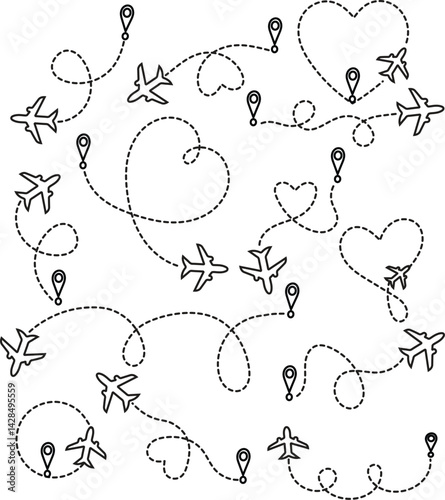 Airplane Flight Path Pattern – Doodle Aircraft Trails Vector Background