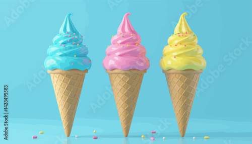 Pastel Ice Cream Cones with Sprinkles on Blue Background