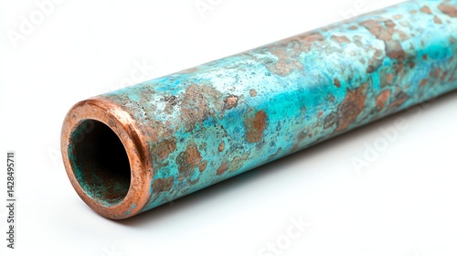 Close-up of Oxidized Copper Pipe with Turquoise Patina Isolated on White