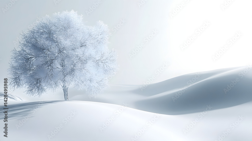 Fototapeta premium Winter landscape with snowy tree serene white background natural beauty tranquil environment