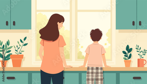Mother and Son Gaze Out Window in Kitchen Illustration