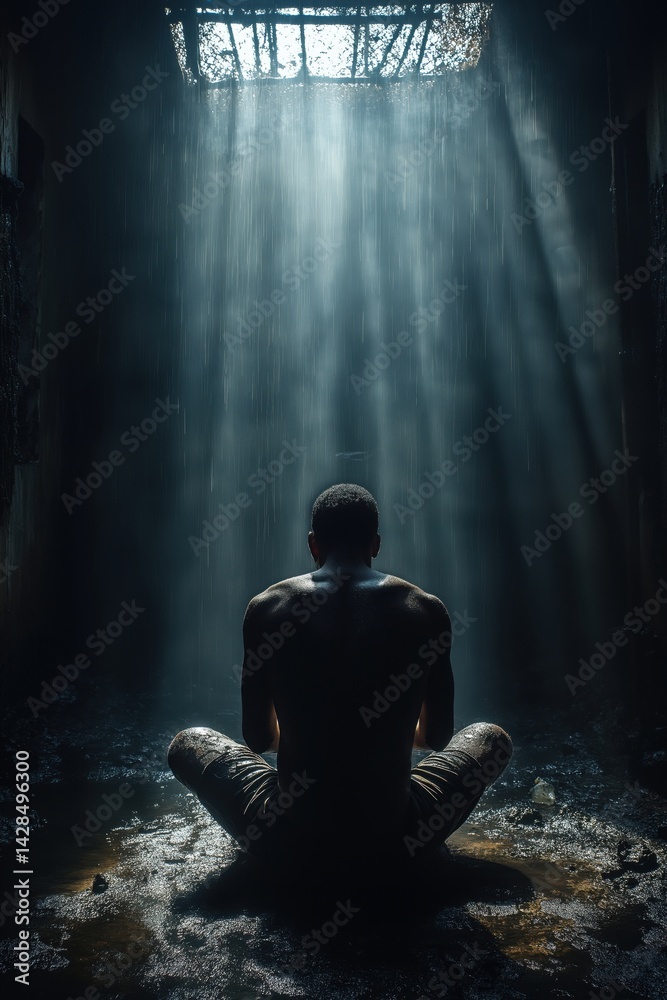 Shirtless man meditating under dramatic light in a dark prison cell, hope and solitude concept